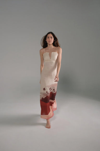 Antigua Linen Midi Dress / Red Tropical Landscape