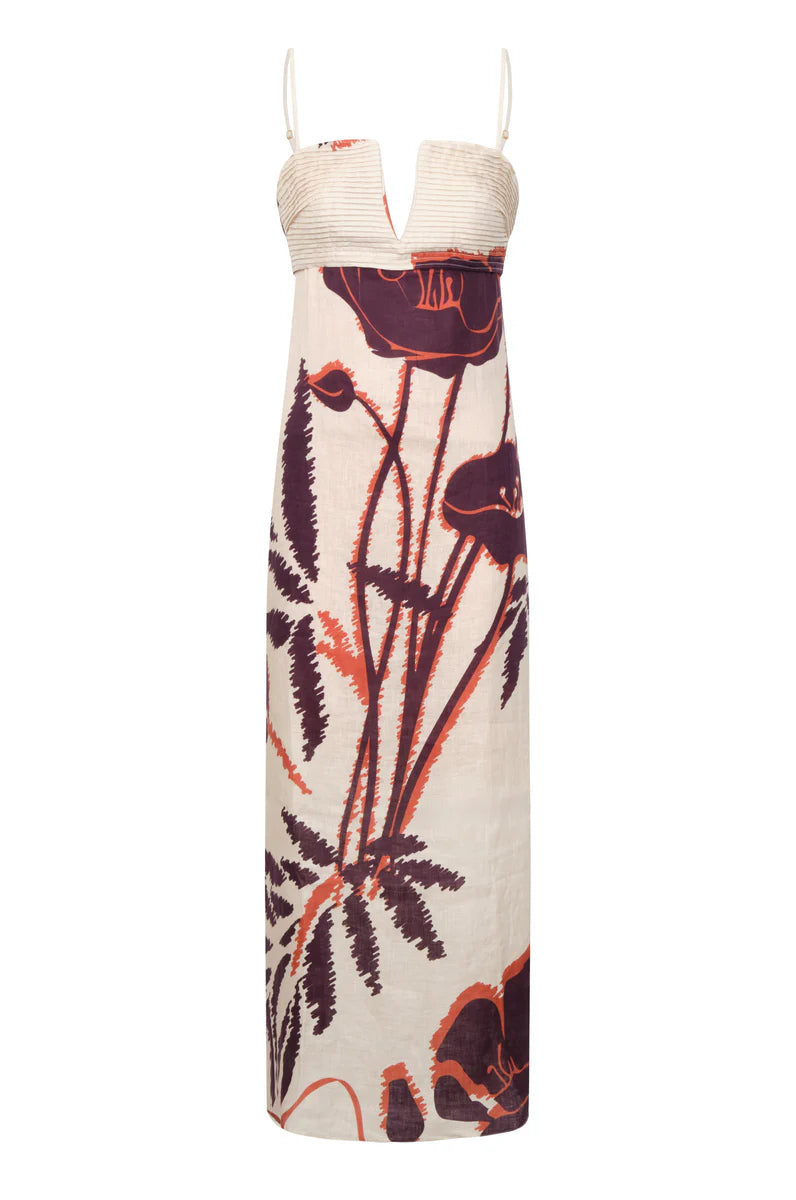 Antigua Linen Midi Dress - Purple Gladiolos