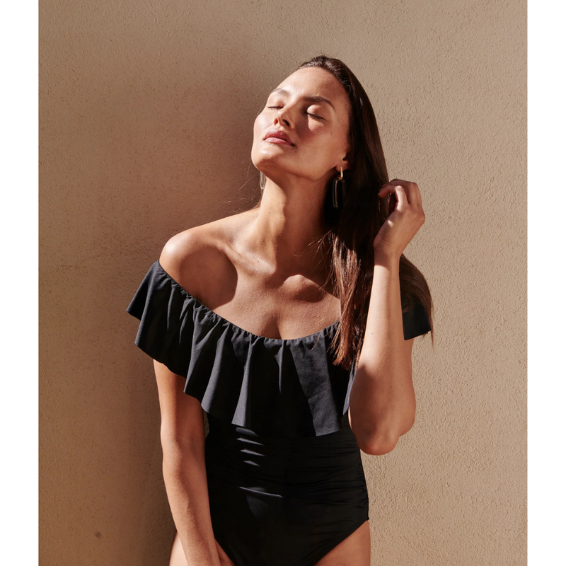 Island Goddess Off Shoulder Ruffle One Piece Black