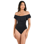 Island Goddess Off Shoulder Ruffle One Piece Black
