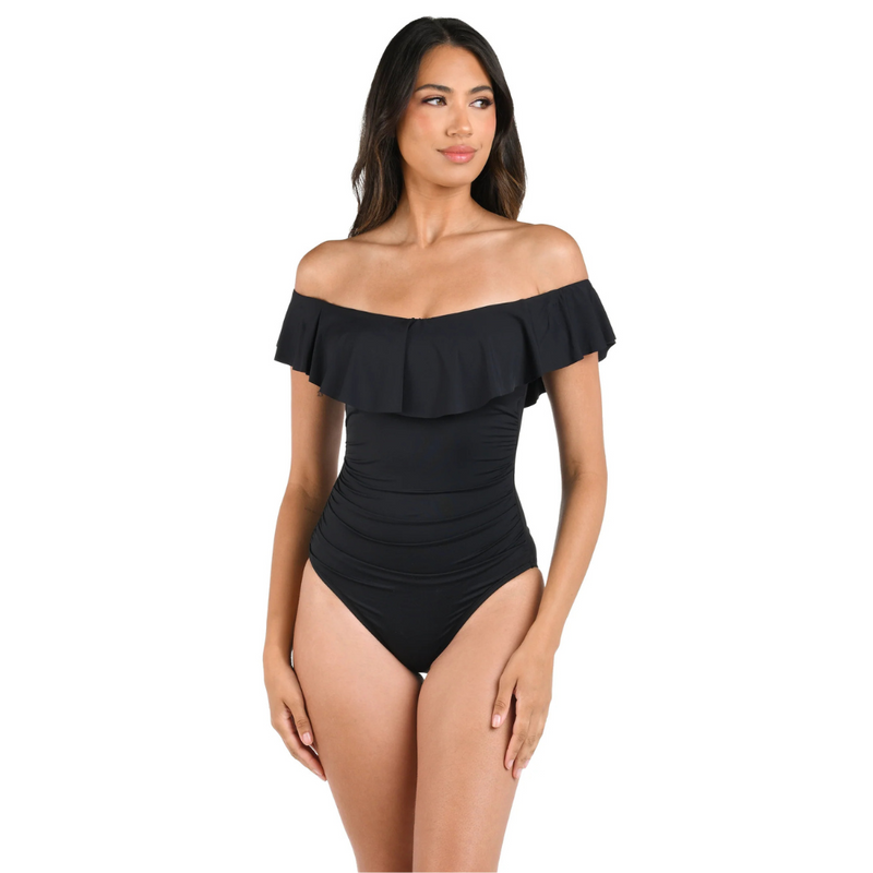 Island Goddess Off Shoulder Ruffle One Piece Black