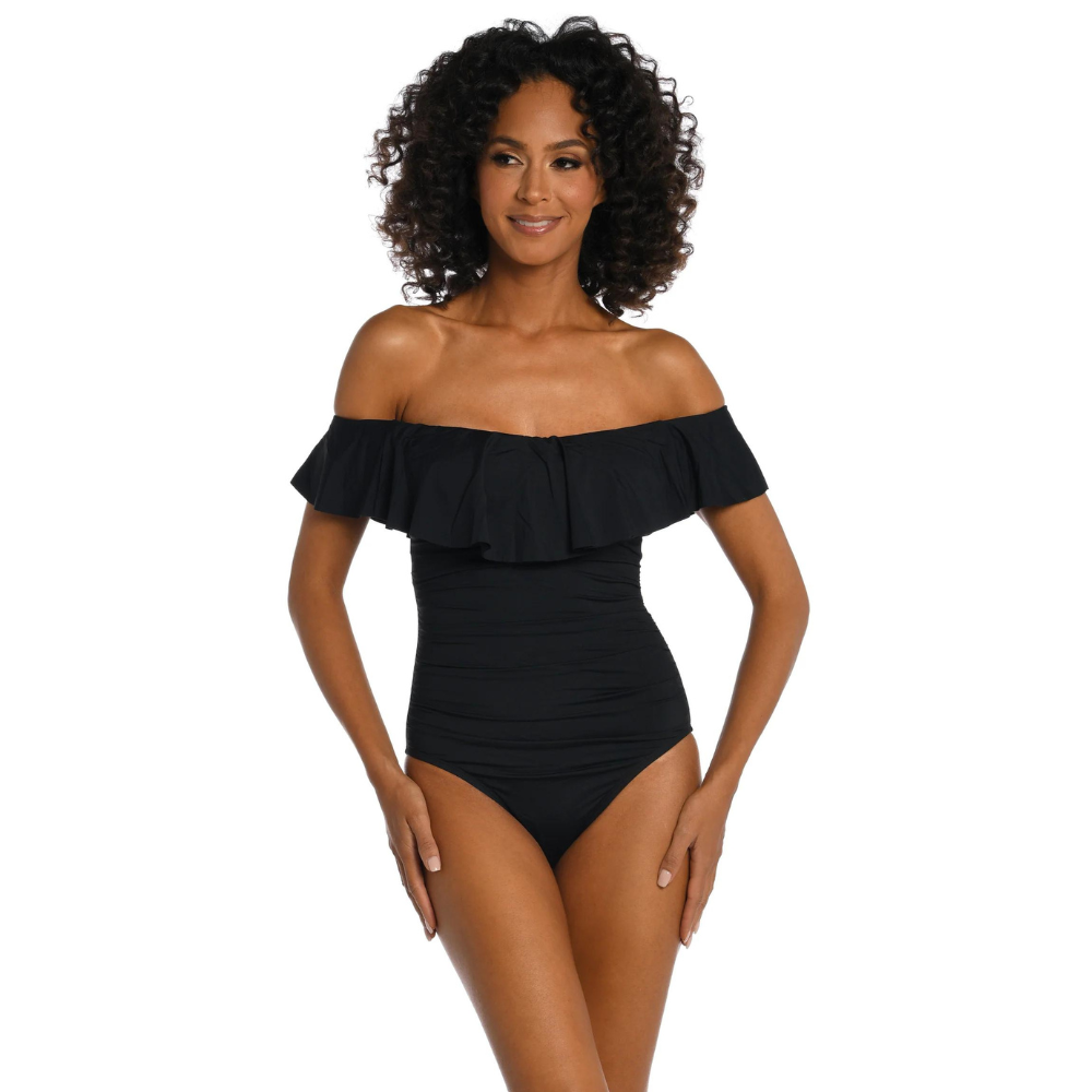 Island Goddess Off Shoulder Ruffle One Piece Black