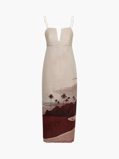 Antigua Linen Midi Dress / Red Tropical Landscape